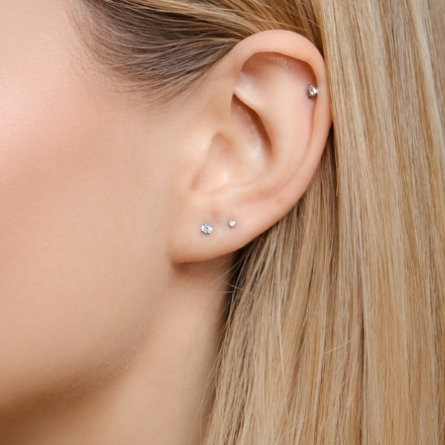 IVY Titanium Flat Back Stud Earrings on Ear — Helix Piercing Jewelry for Sensitive Ears