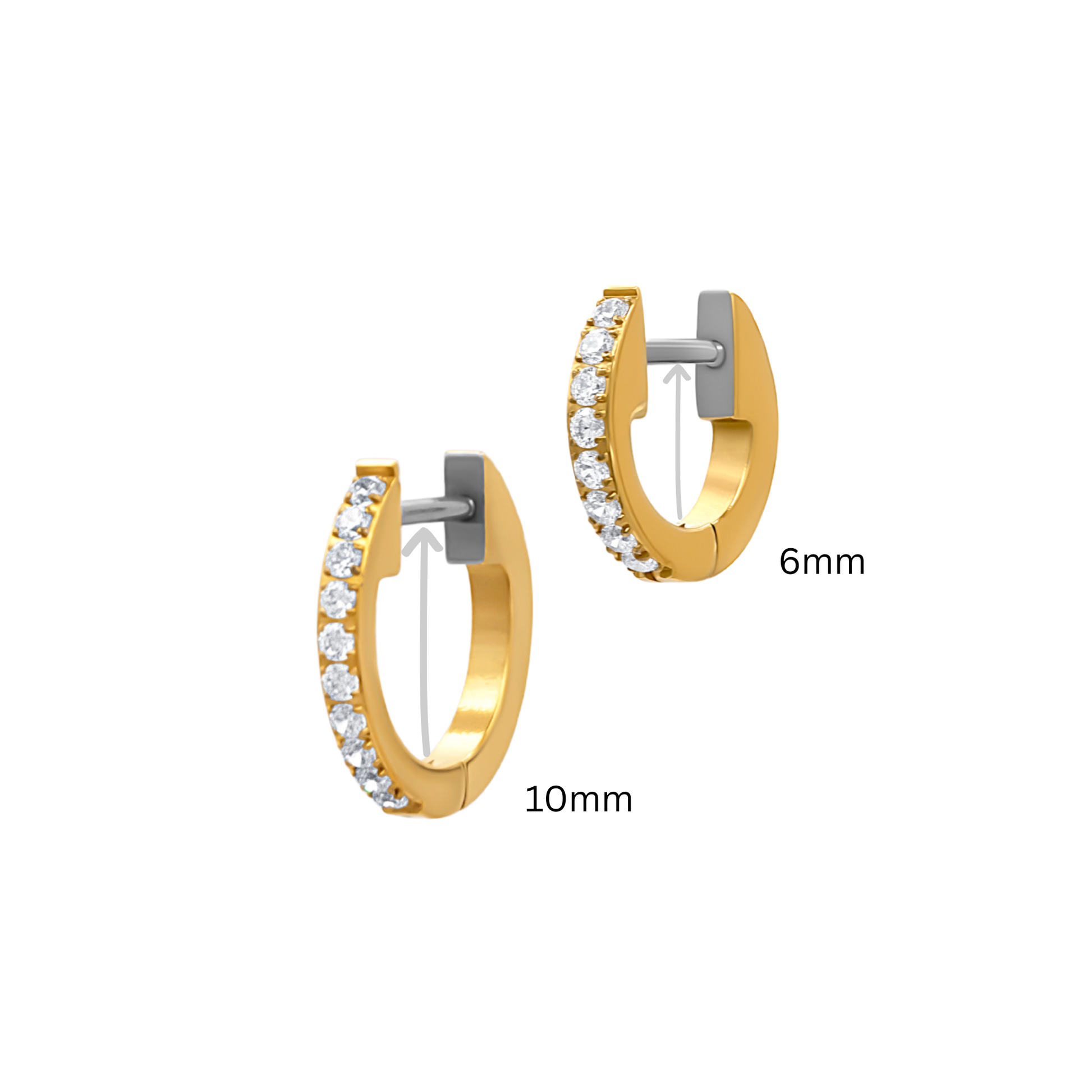 Close up of Olivia Classic Gold titanium huggie hoops with cubic zirconia stones