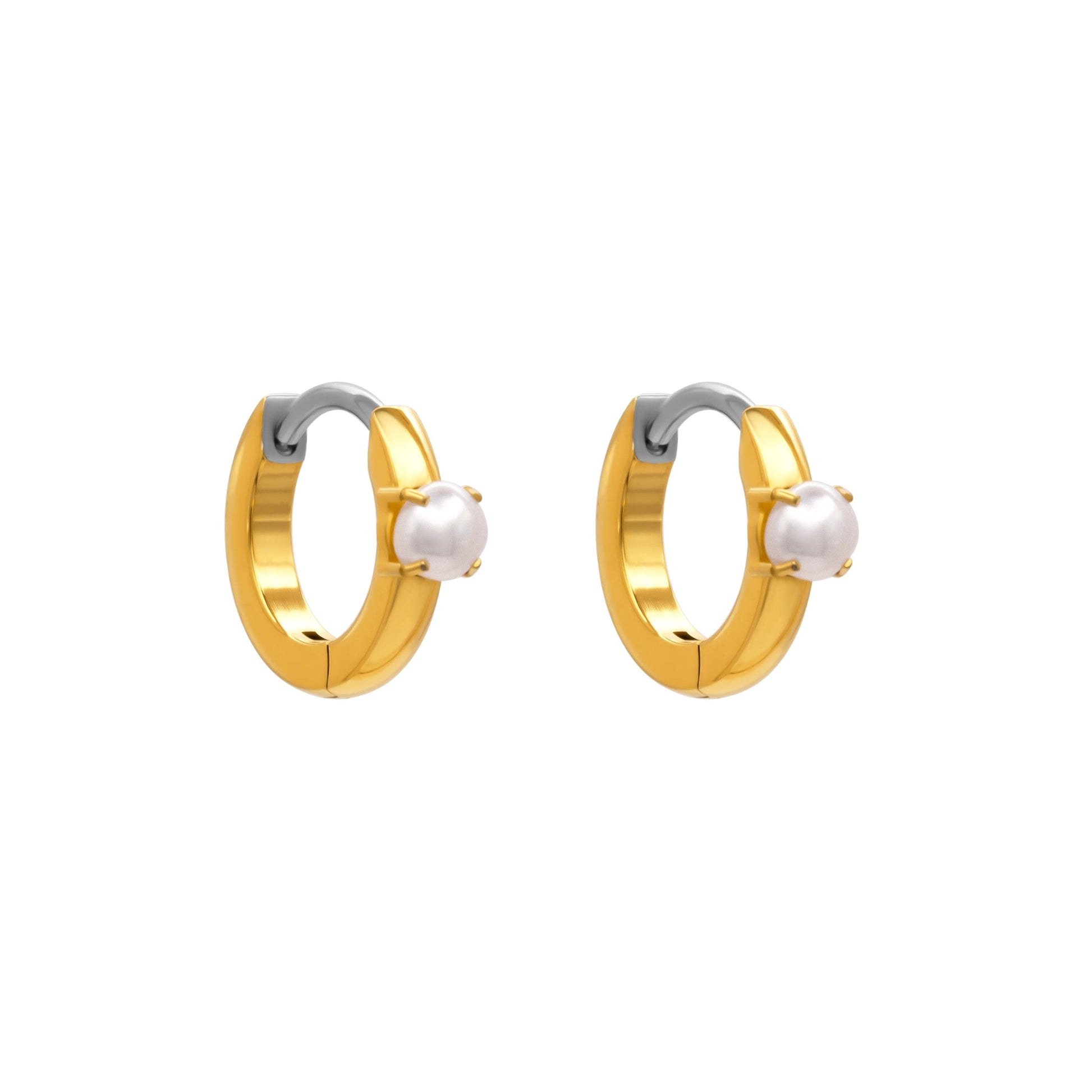 Side view of Chloe hypoallergenic titanium gold hoop earring with small freshwater pearl.