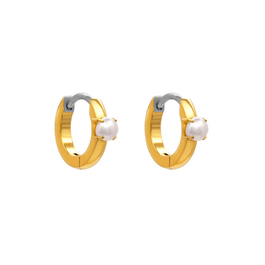 Side view of Chloe hypoallergenic titanium gold hoop earring with small freshwater pearl.