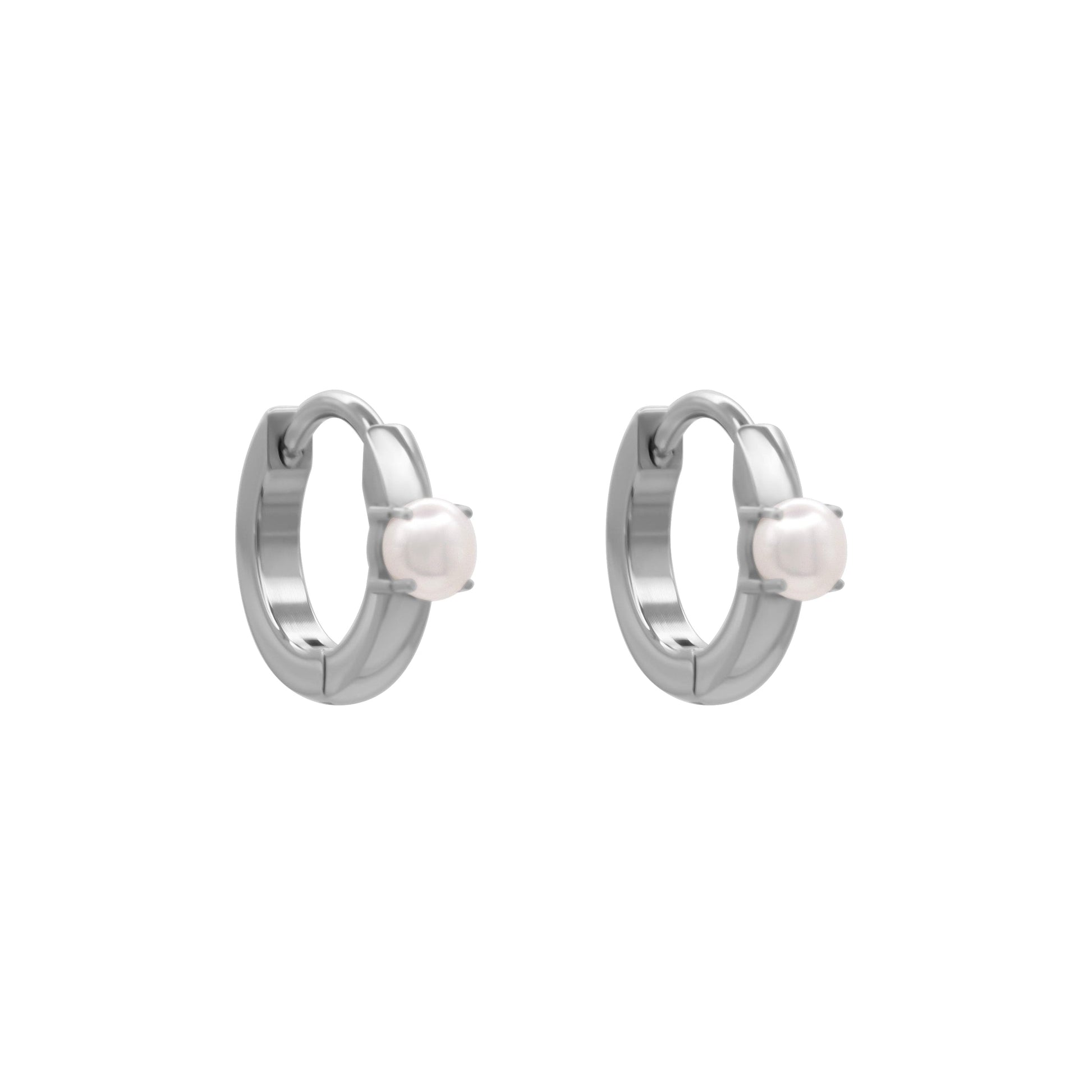 Titanium hoop huggie earrings with freshwater pearl by Swiss Hyper.