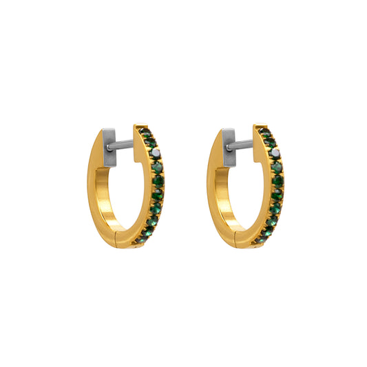 18K gold titanium hoop earrings with emerald green stones.