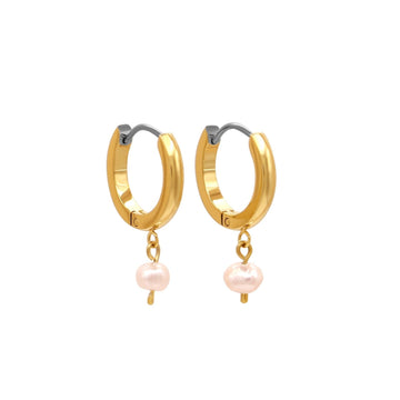 Titanium Huggie Hoop Earrings with Pearl Charm in 18K Gold Plating