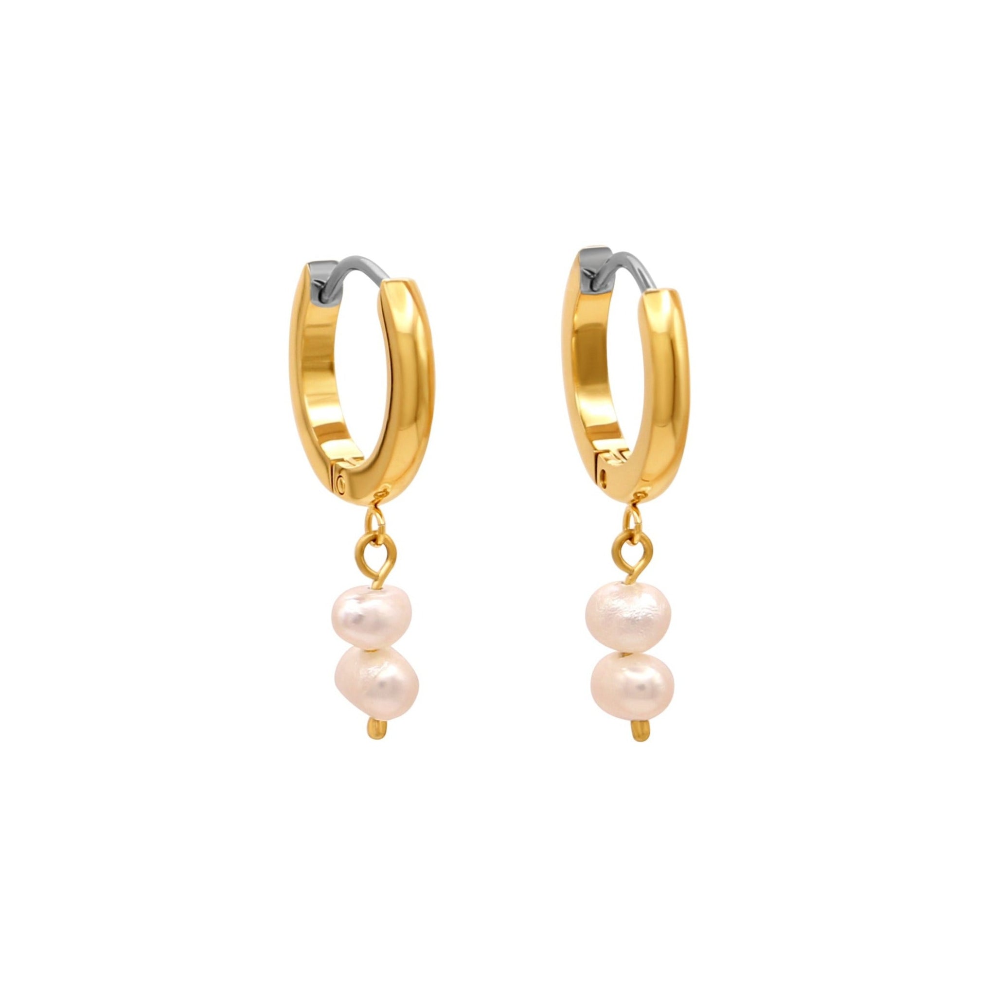 Titanium Huggie Hoop Earrings with Pearls Charm in 18K Gold Plating