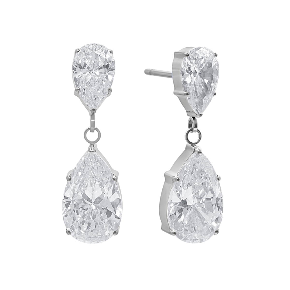 Pair of titanium drop earrings featuring pear-cut clear gemstones, in implant grade ASTM F136 titanium. Waterproof, nickel-free and tarnish-free. Earrings for sensitive ears.
