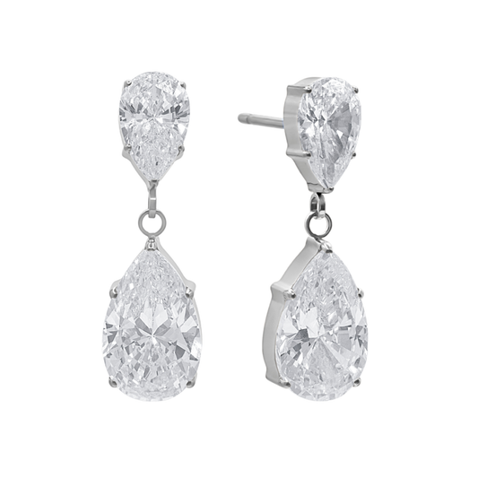 Pair of titanium drop earrings featuring pear-cut clear gemstones, in implant grade ASTM F136 titanium. Waterproof, nickel-free and tarnish-free. Earrings for sensitive ears.