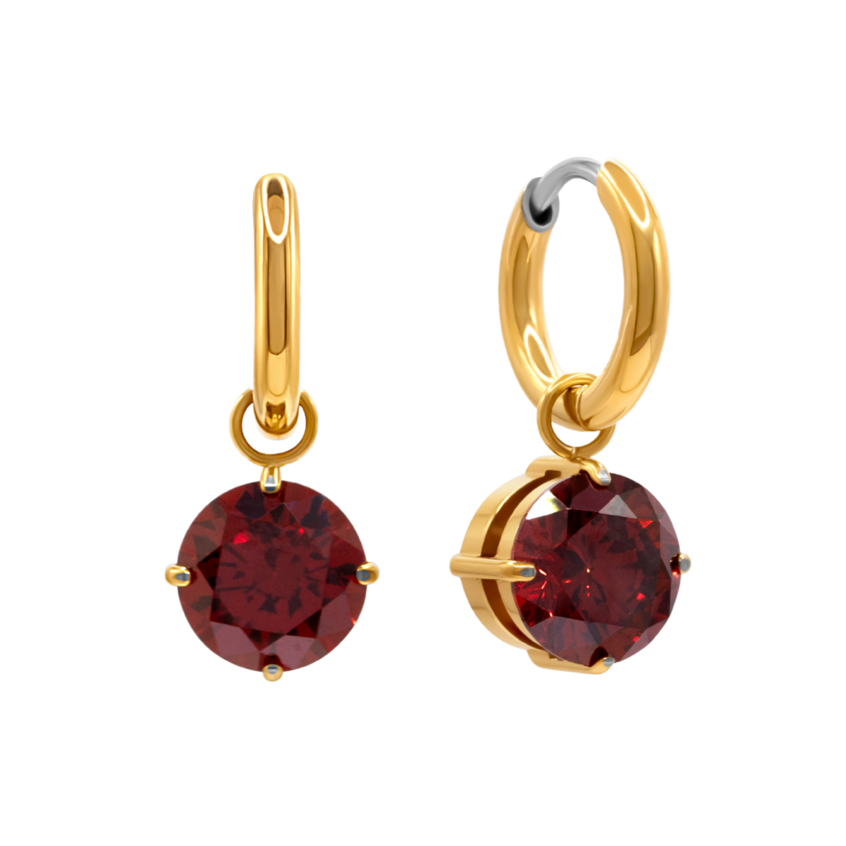 Gold hoop earrings with round-cut deep red cubic zirconia charm, ASTM F136 implant grade titanium