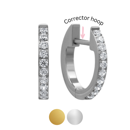 Wilma Corrector Hoop in silver implant grade titanium with cubic zirconia, showing the lowered post for stretched earlobes