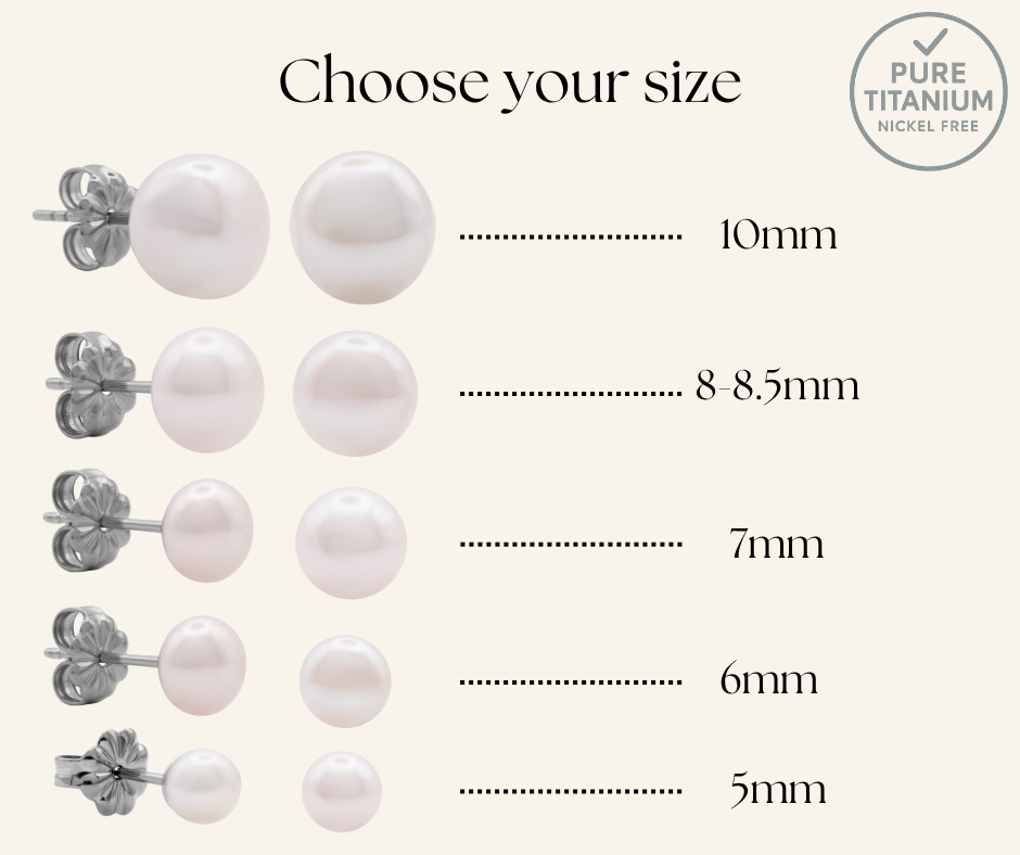 Five sizes of freshwater pearl titanium stud earrings from 5mm to 10mm.
